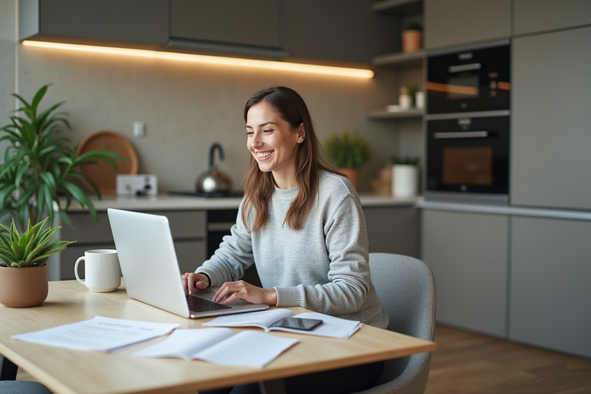 Jeune femme souriante travaille sur son ordinateur dans la cuisine