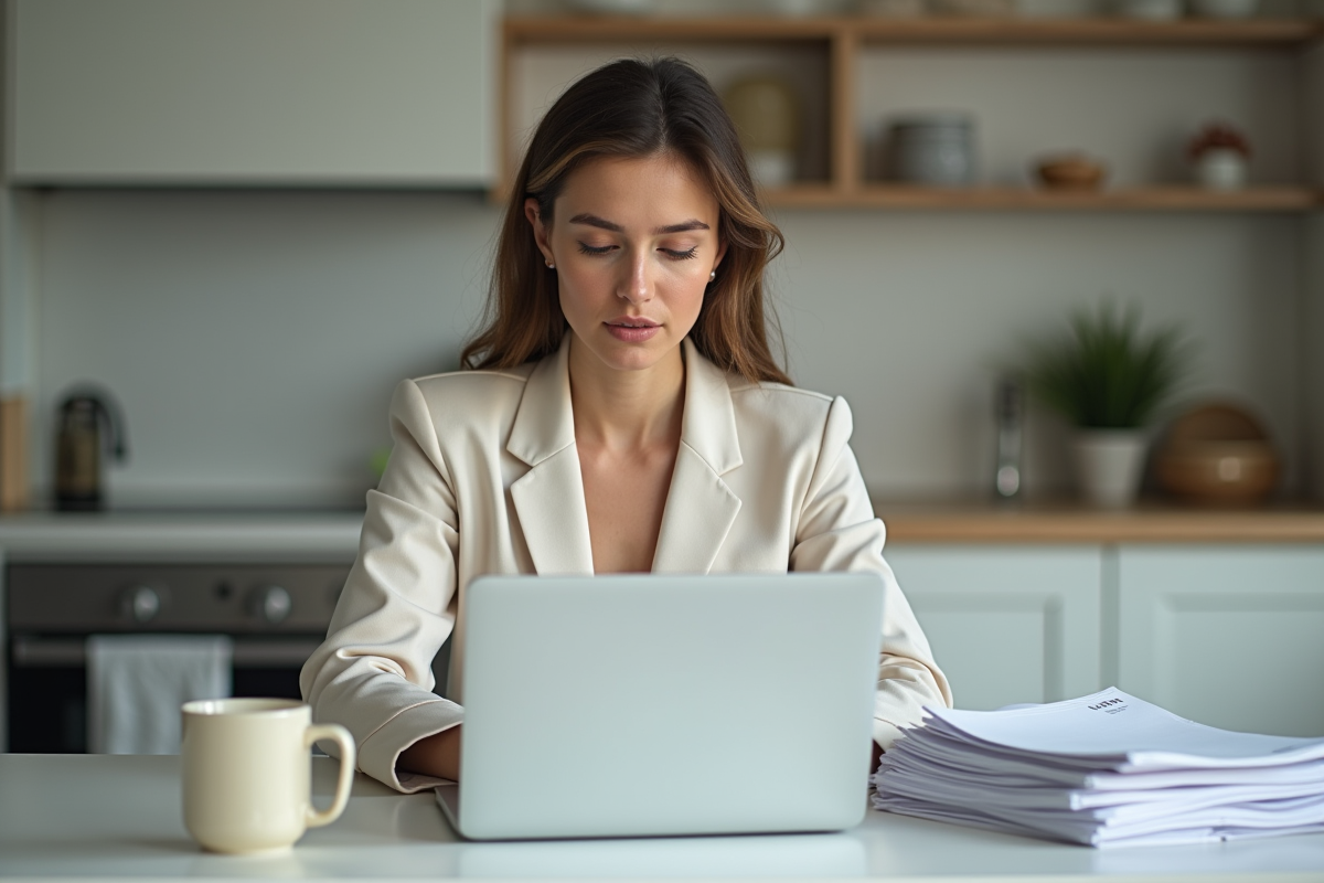 Jeune femme au laptop dans une cuisine moderne à la maison