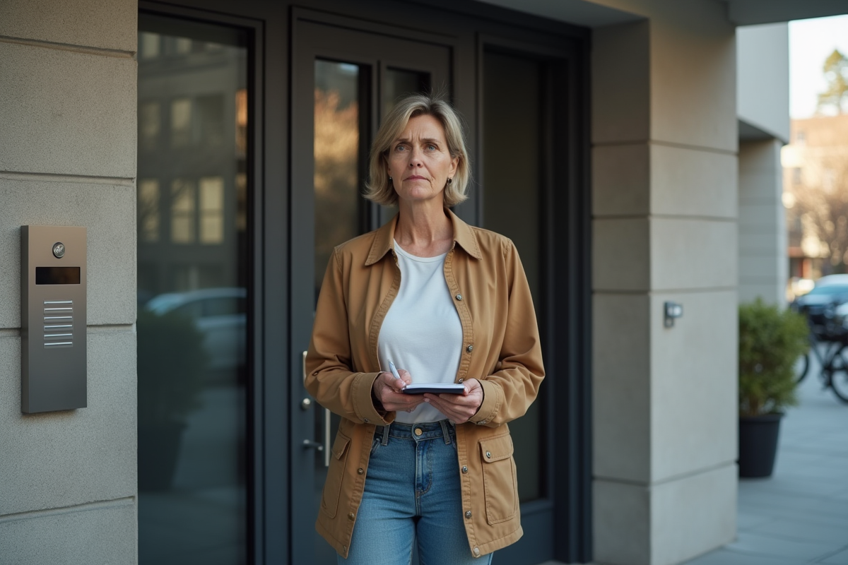 Femme debout devant une entrée d
