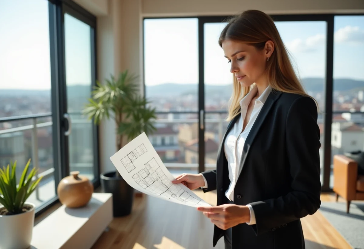 Femme d'affaires examinant un plan dans un appartement genevois