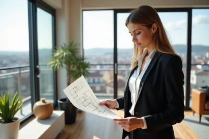 Femme d'affaires examinant un plan dans un appartement genevois