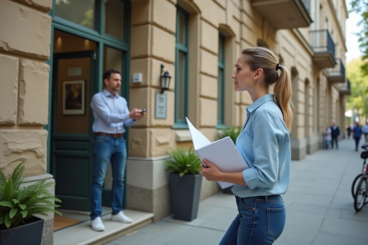 Jeune femme parlant avec un agent administratif devant un bâtiment