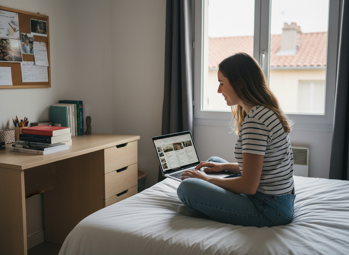 Jeune femme assise sur son lit à Toulon regardant des annonces