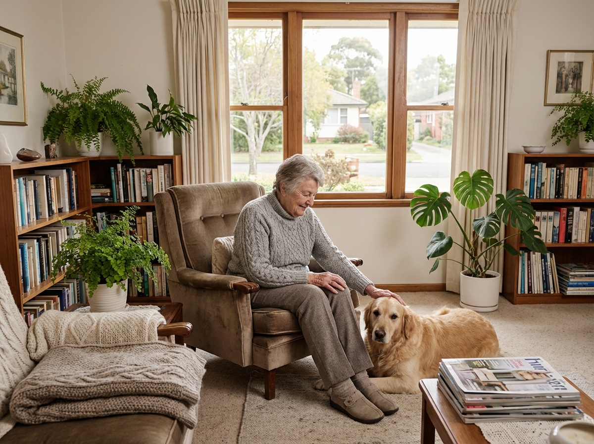 Femme agee caressant un chien dans un salon chaleureux