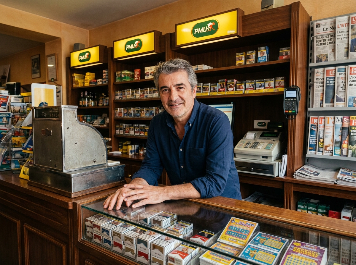 Gérant d'un bureau de tabac dans l'Ain debout derrière son comptoir avec une expression professionnelle et sereine