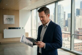 Gestionnaire immobilier professionnel consultant un rapport technique sur tablette dans le hall d'un immeuble moderne