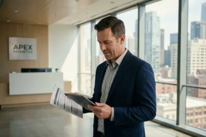 Gestionnaire immobilier professionnel consultant un rapport technique sur tablette dans le hall d'un immeuble moderne