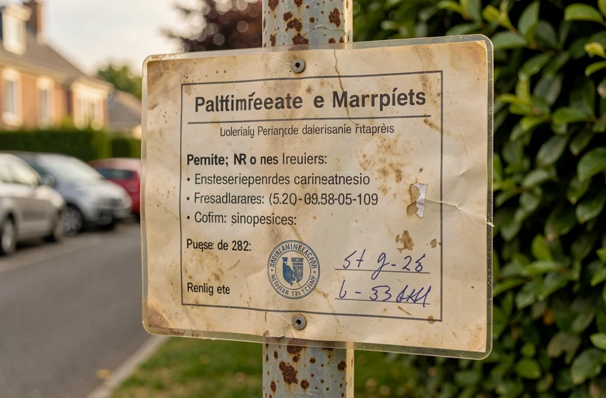 Gros plan sur un panneau de déclaration préalable de travaux usagé fixé sur un poteau en bordure de terrain