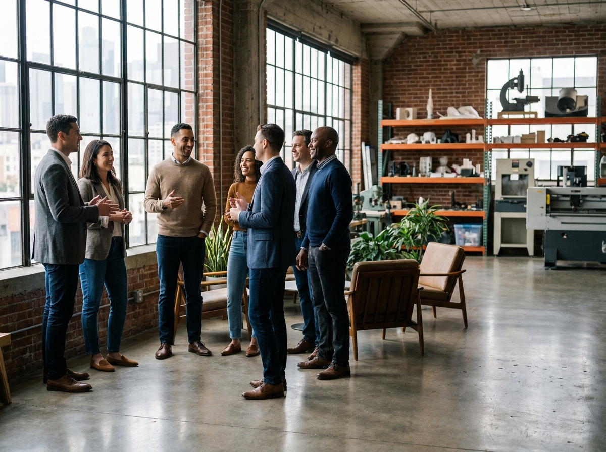 Groupe de professionnels dans un espace industriel moderne