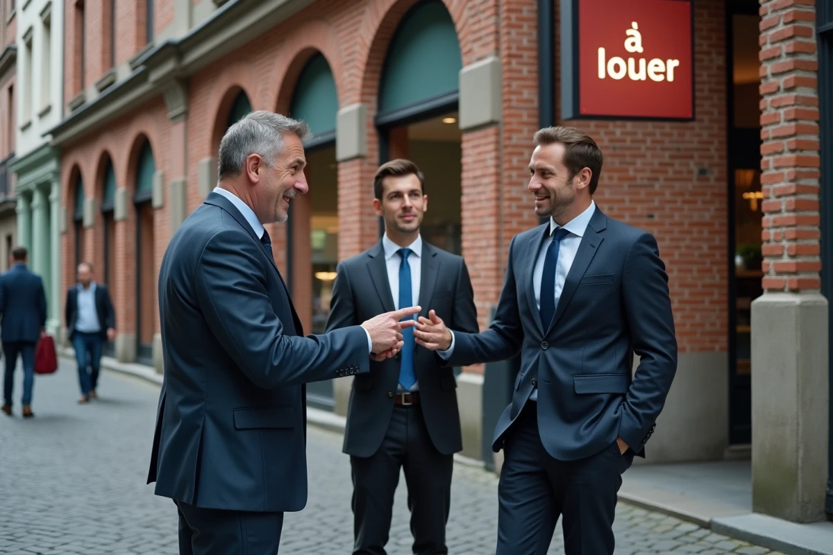 Groupe de professionnels discutant devant un bâtiment à Lille