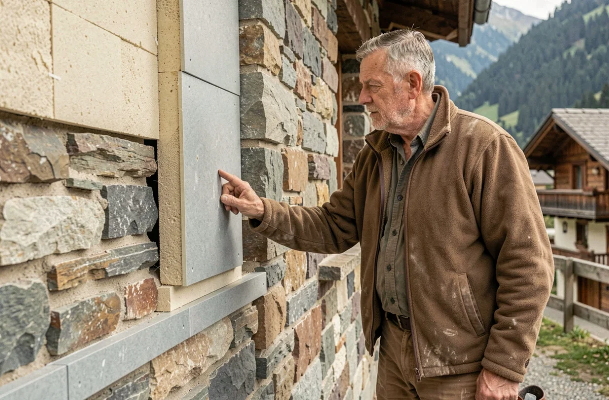 Jean-Luc Guffroy inspectant l'isolation thermique par l'extérieur d'une façade en pierre d'un chalet traditionnel en Haute-Savoie