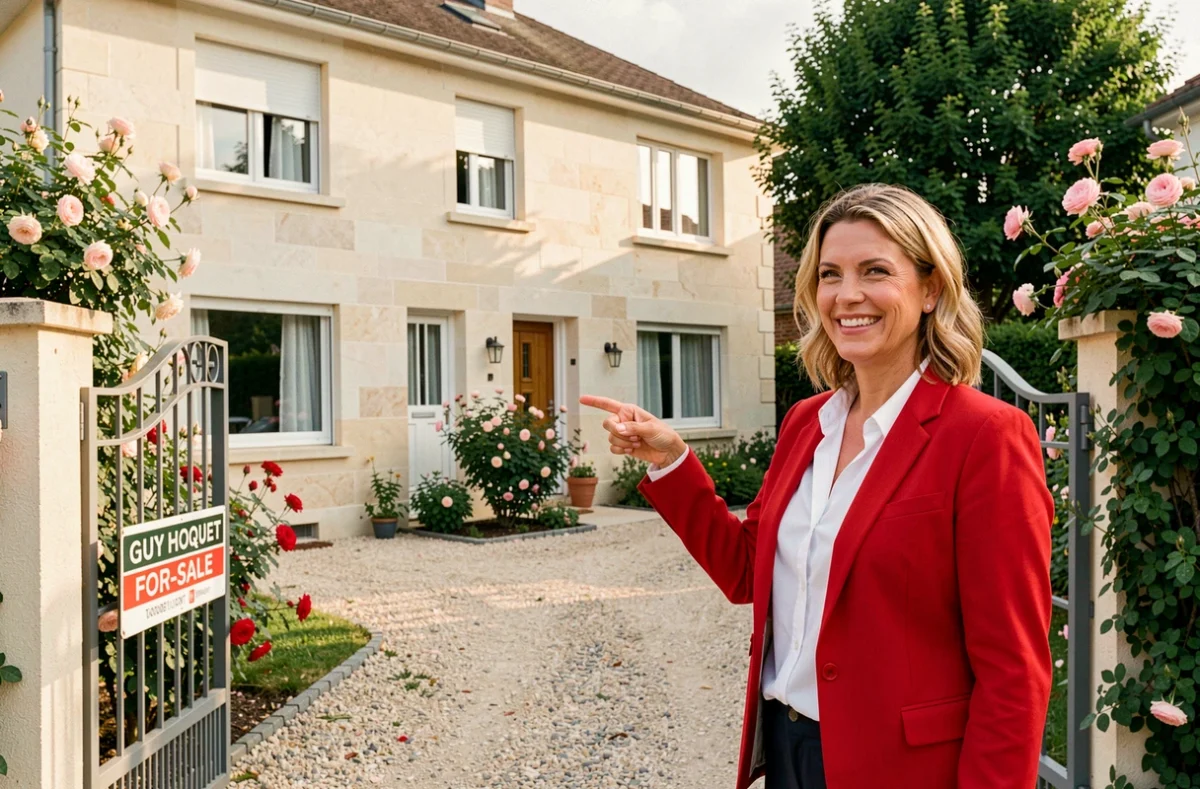 Agente Guy Hoquet Dijon souriante devant une maison familiale avec panneau à vendre dans un quartier résidentiel dijonnais