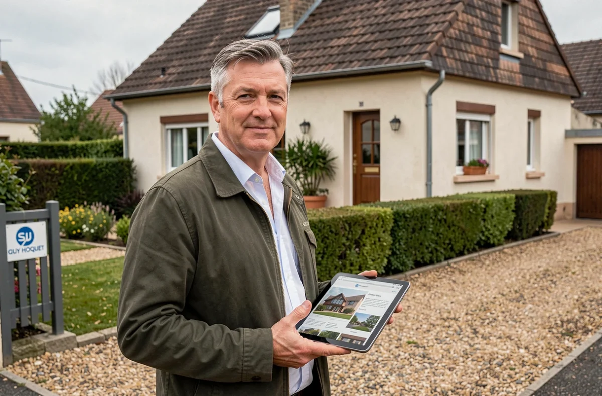Agent Guy Hoquet Mehun-sur-Yèvre tenant une tablette devant une maison pavillonnaire avec panneau d'agence