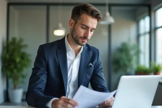 Homme d'affaires en bureau examinant des contrats