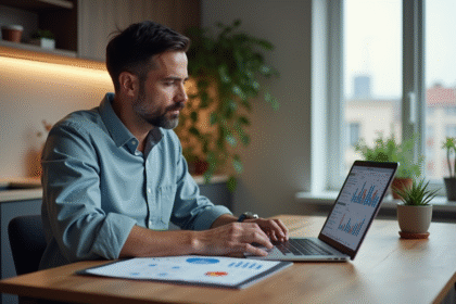 Homme d'affaires concentré sur son ordinateur avec graphiques financiers