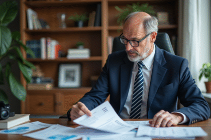 Homme d'affaires en costume vérifiant des documents fiscaux