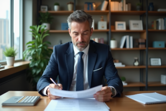 Homme d'affaires en costume bleu lit des documents de prêt immobilier