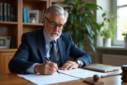 Homme d'affaires en costume vérifiant des documents juridiques