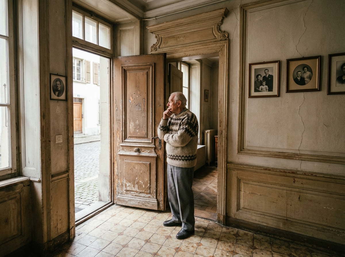 Homme suisse âgé dans un appartement ancien en entrée