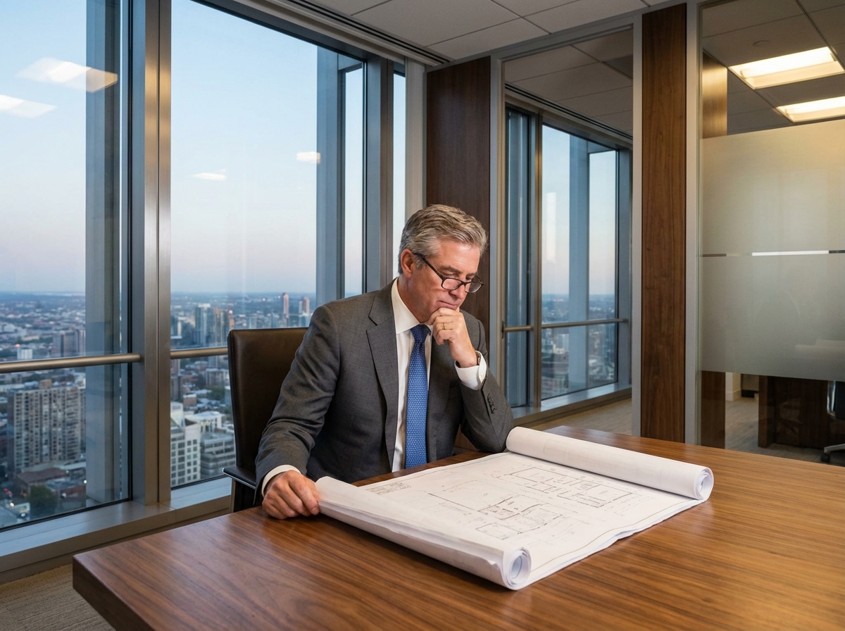 Homme en costume regardant plans dans bureau moderne