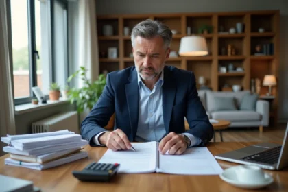 Homme d'âge moyen dans un bureau à domicile avec factures et ordinateur
