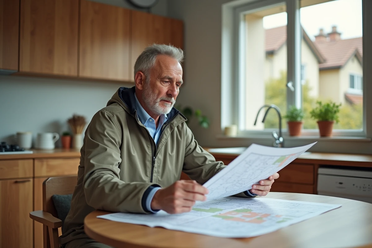 Homme étudiant un plan cadastral dans une cuisine moderne