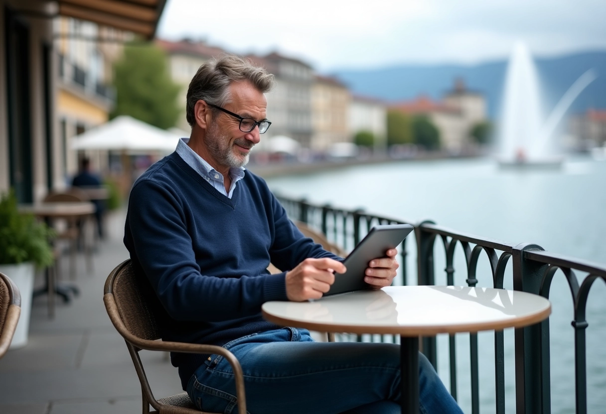 Homme détendu au café avec vue sur le Jet d
