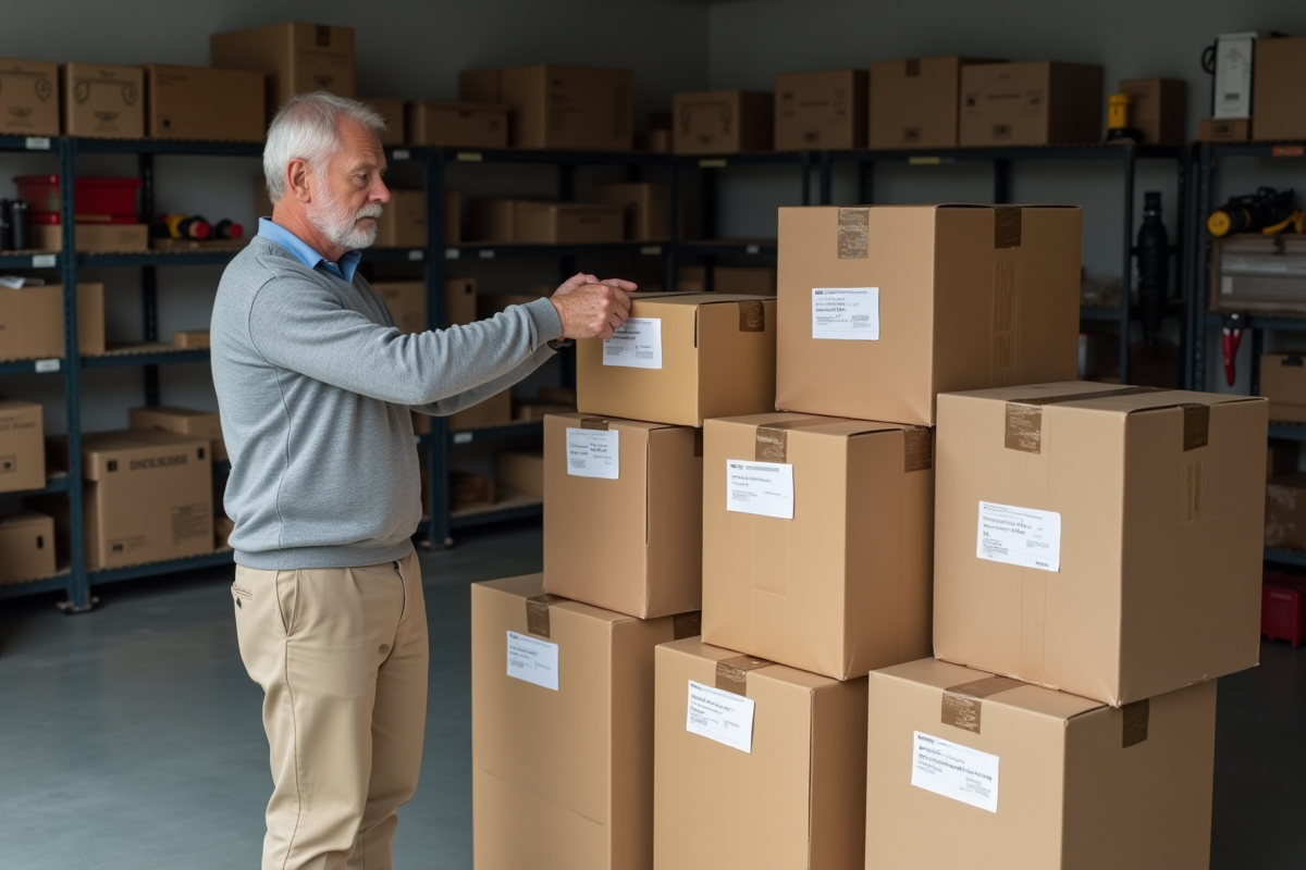 Homme choisissant un carton dans un garage organisé pour déménagement