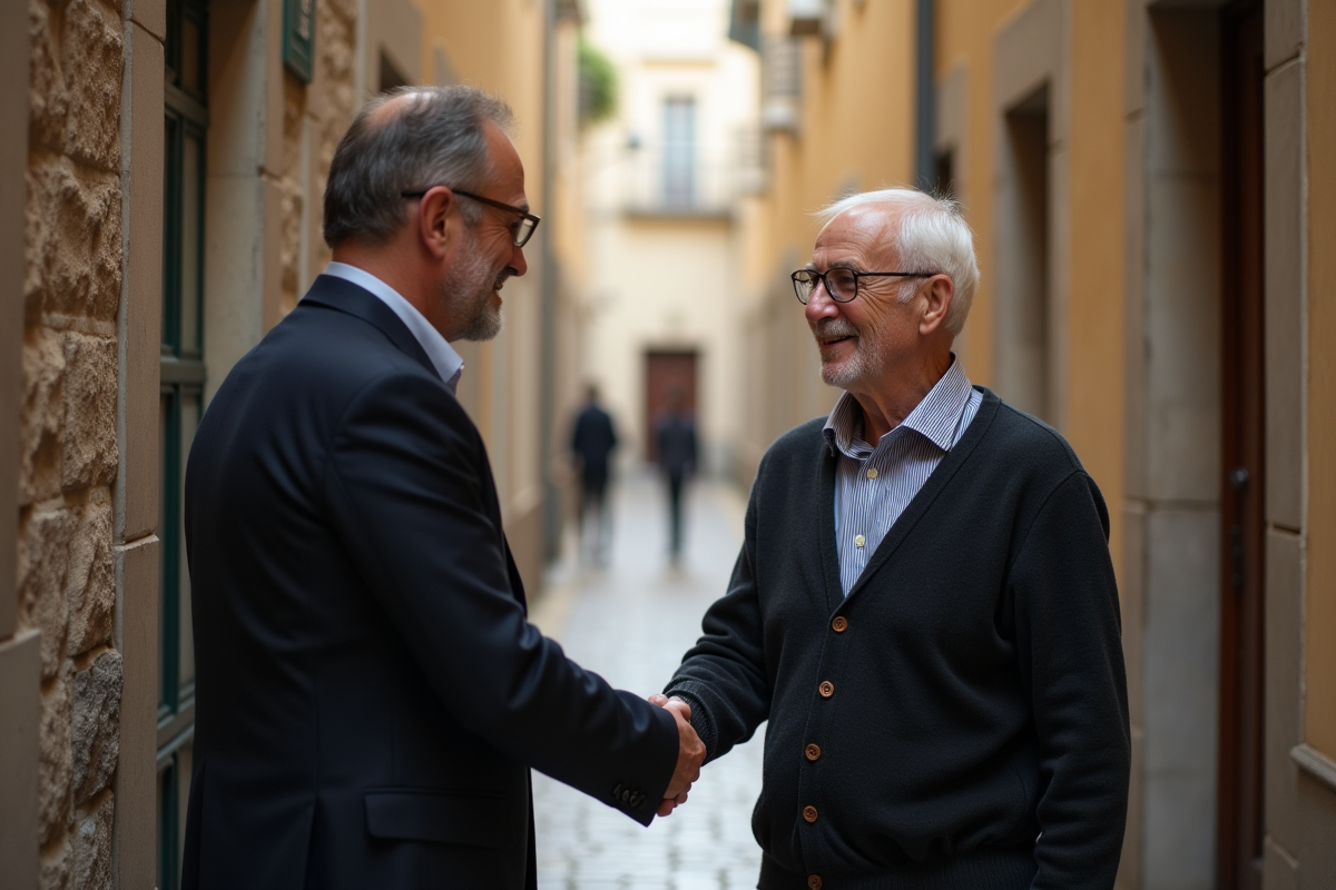 Homme âgé serrant la main du propriétaire dans un couloir