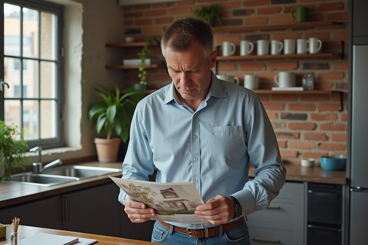 Homme regardant des documents dans une cuisine chaleureuse et conviviale