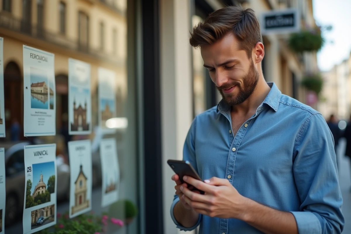 Jeune homme regardant les prix immobiliers dans la rue