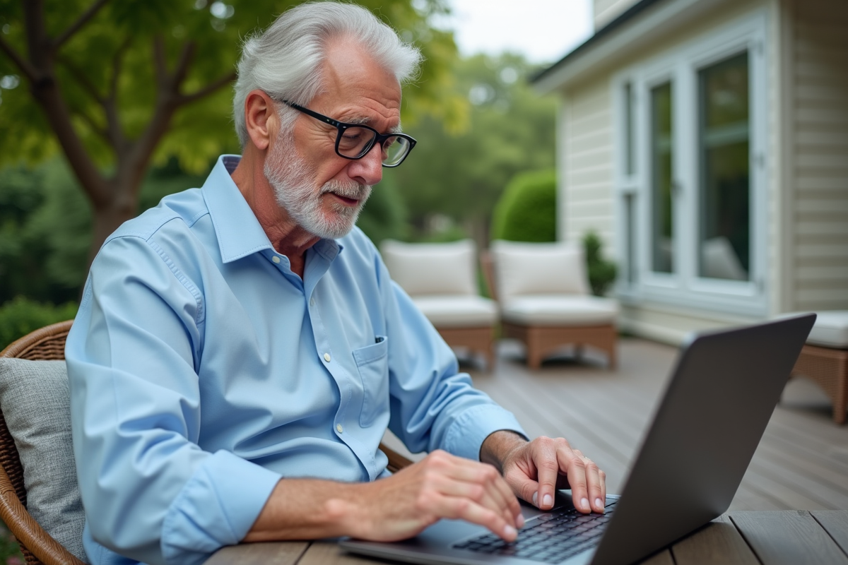 Homme âgé utilisant un ordinateur sur une terrasse extérieure