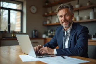 Homme d'âge moyen en costume bleu lisant des documents de prêt immobilier