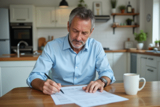 Homme d'âge moyen lisant des documents de propriété