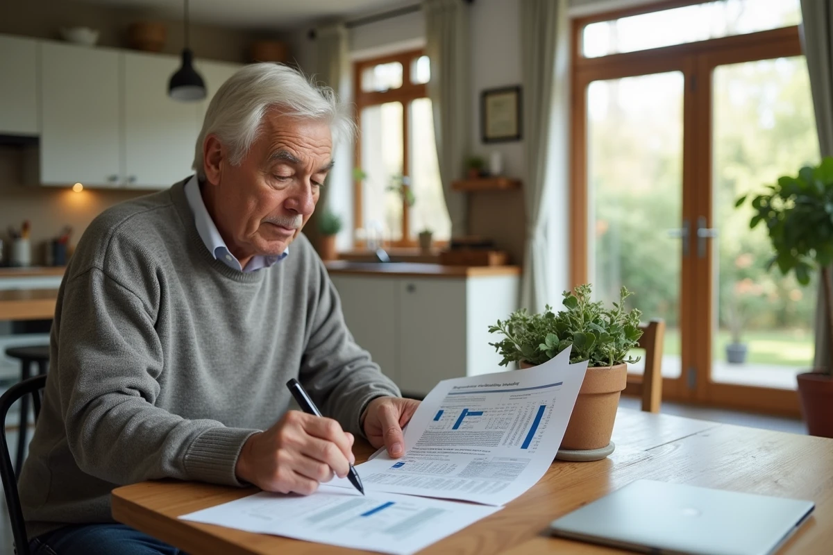 Homme âgé examinant un rapport immobilier dans une maison lumineuse