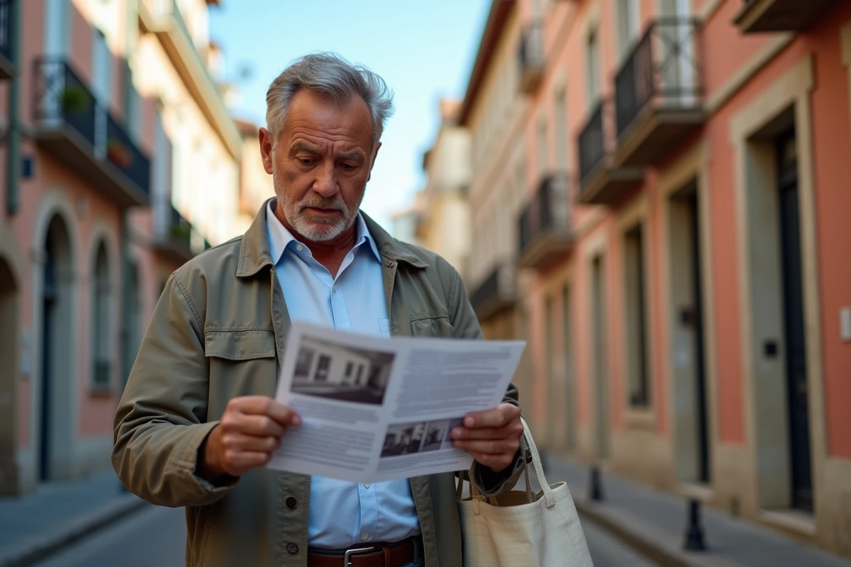 Homme lisant une annonce de location dans la rue à Toulouse