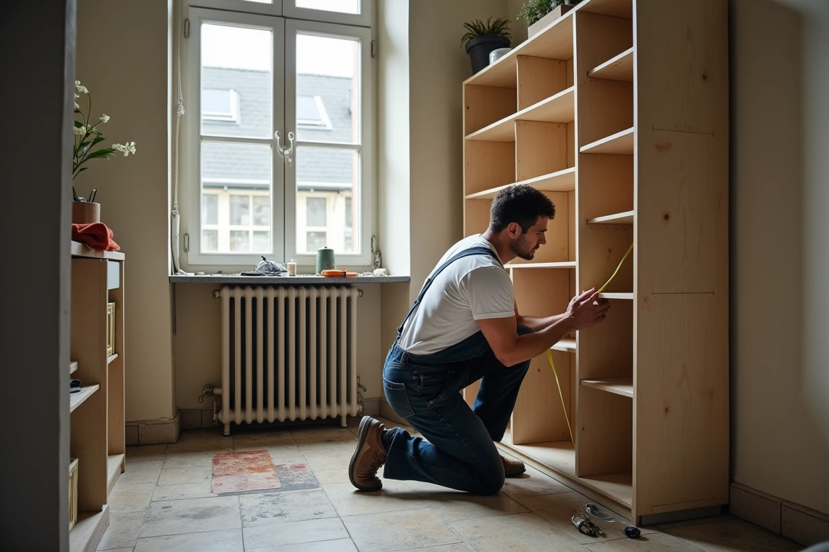 Homme mesurant étagère dans studio ancien