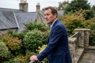 Homme en costume sur la terrasse d'une maison ancienne