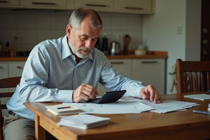 Homme d'âge moyen organisant des papiers avec une calculatrice dans une cuisine