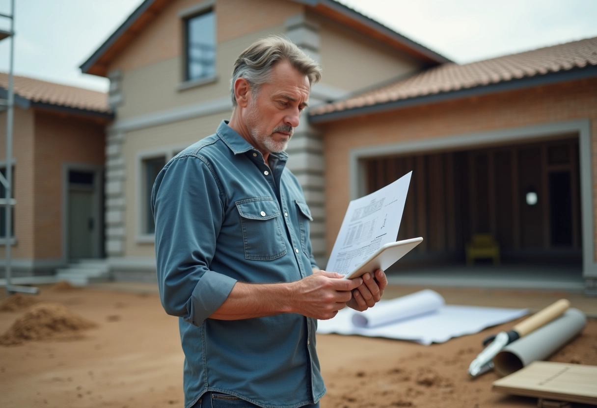 Homme vérifiant plans sur un chantier en construction