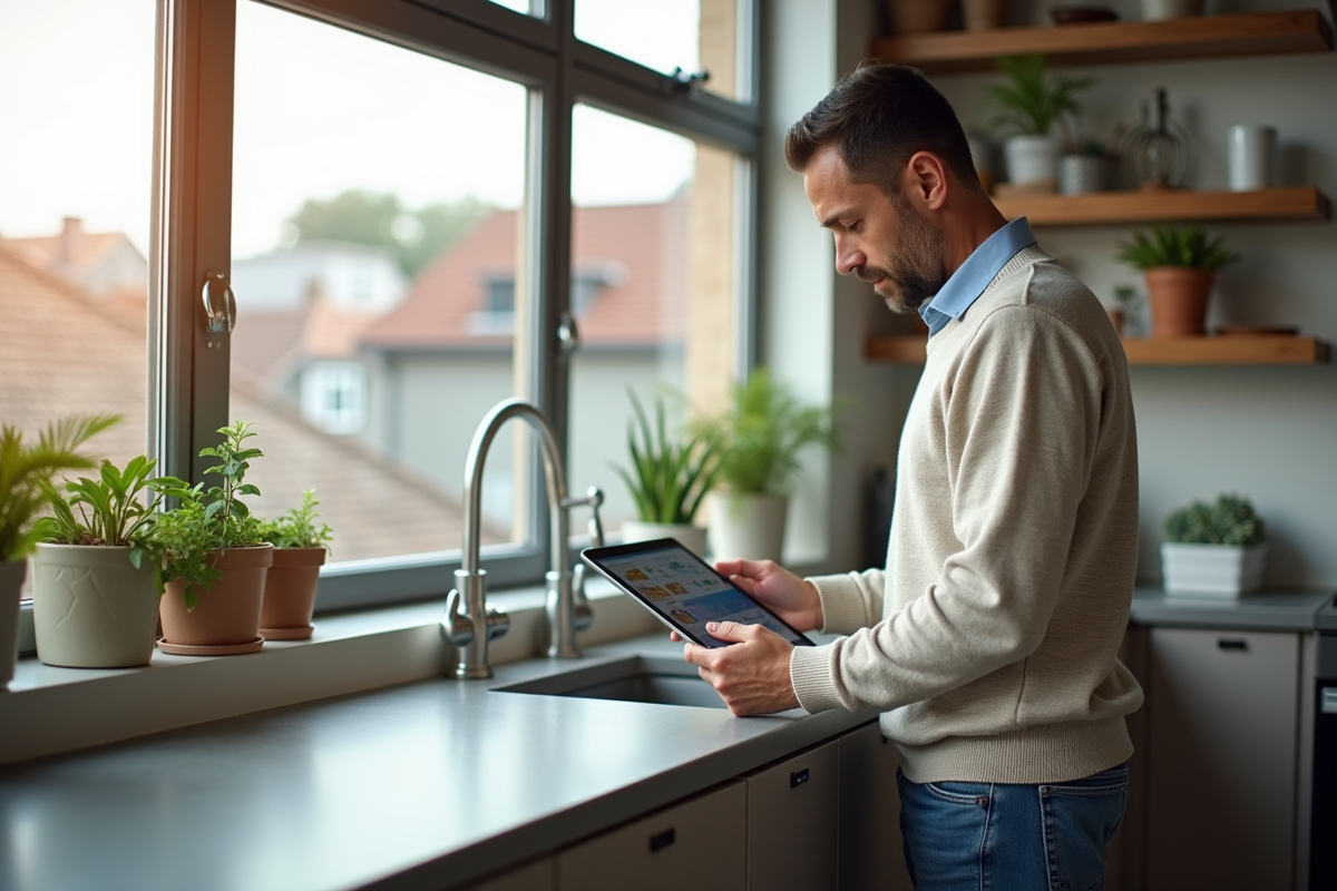 Homme en jean et pull étudiant des annonces locatives