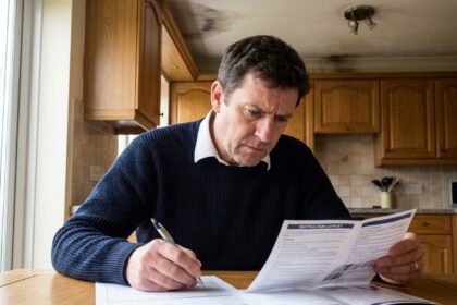 Homme concentré remplissant un rapport d'inondation dans la cuisine