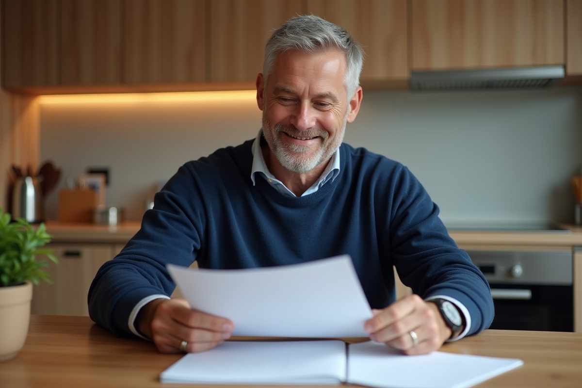 Homme d'âge moyen souriant devant ses documents de location