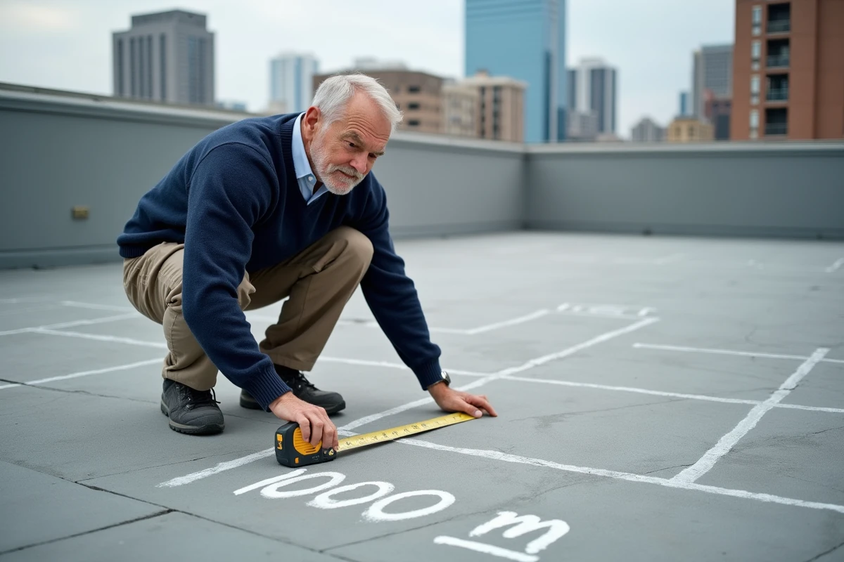 Homme mesurant un rectangle sur un toit urbain