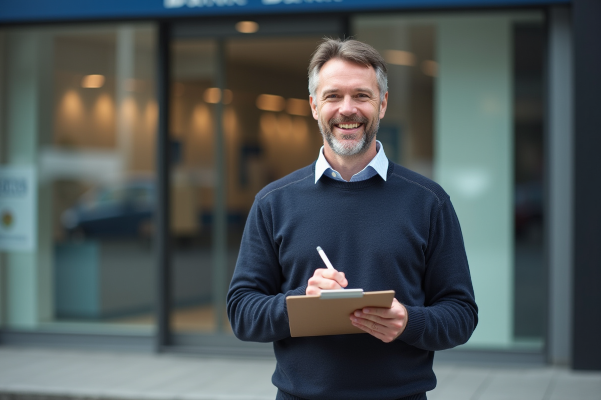 Homme signant des papiers devant une banque moderne
