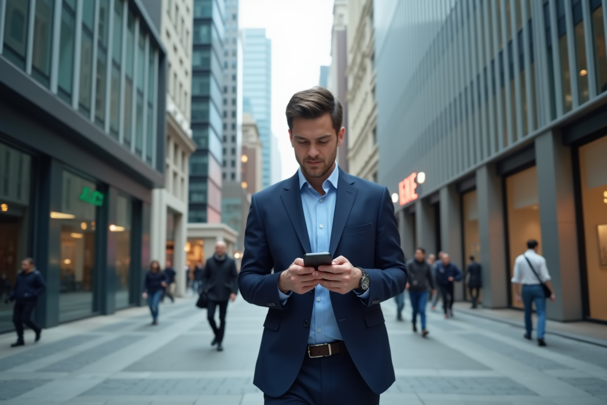 Jeune homme marchant dans un quartier financier