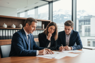 Homme suisse d'affaires en costume bleu dans un bureau moderne