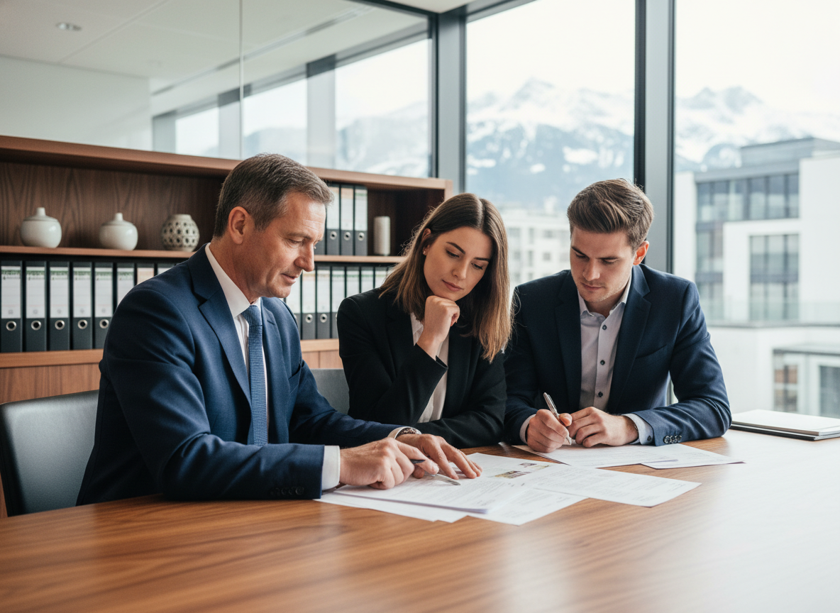 Homme suisse d'affaires en costume bleu dans un bureau moderne