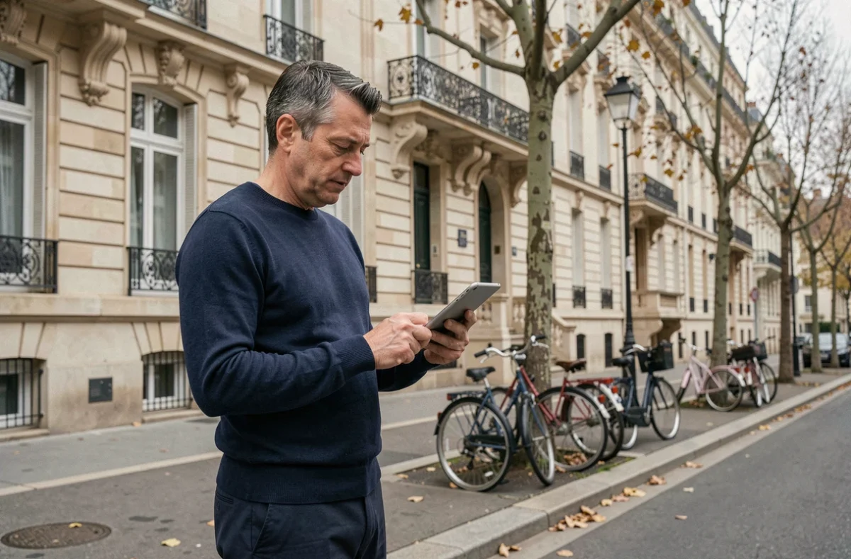 Homme consultant une plateforme d'enchères immobilières sur tablette devant un immeuble haussmannien à Paris