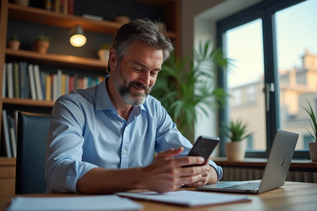 Homme d age moyen lisant un smartphone dans un bureau à domicile